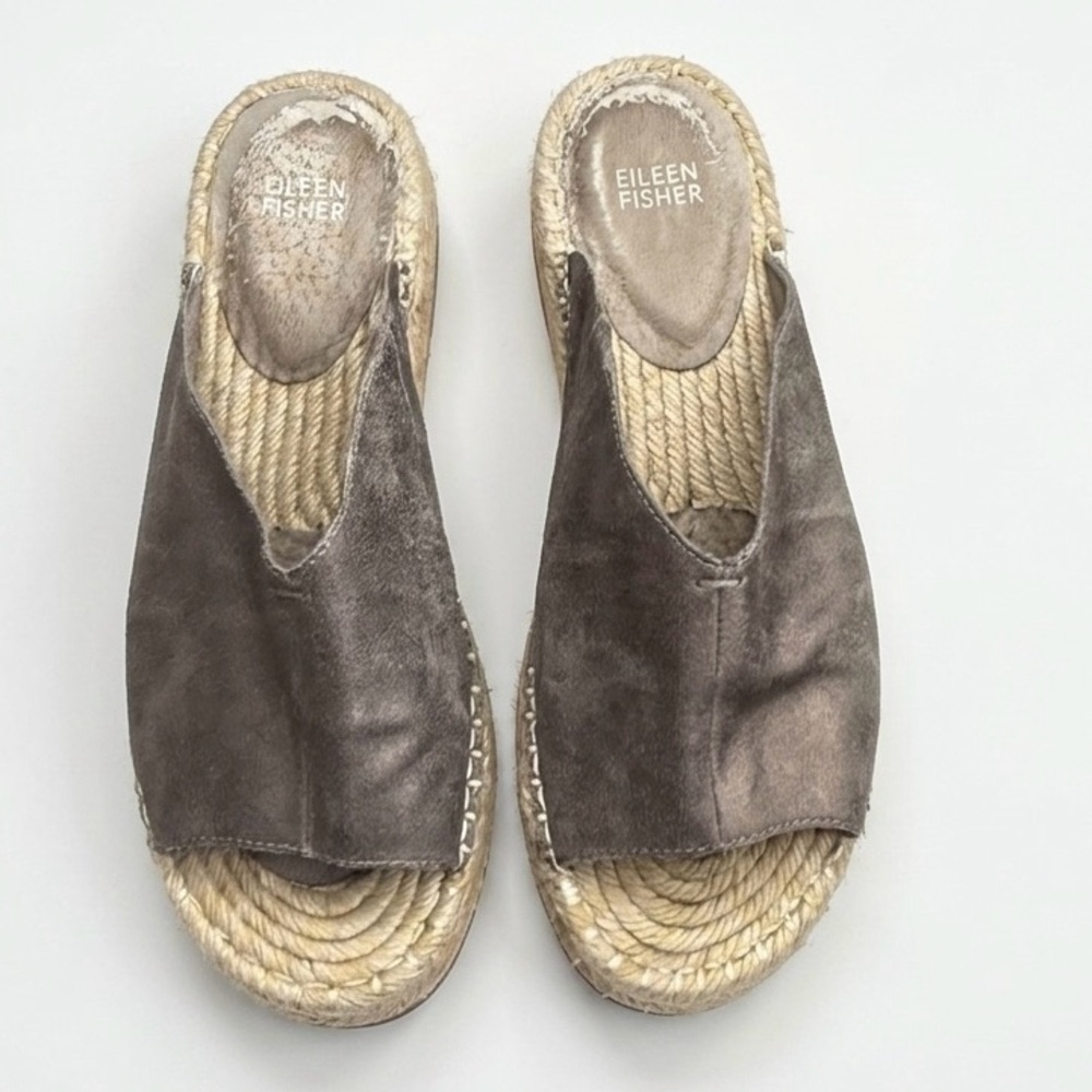 Eileen Fisher Milly Metallic Grey Suede Espadrille Slides - 9